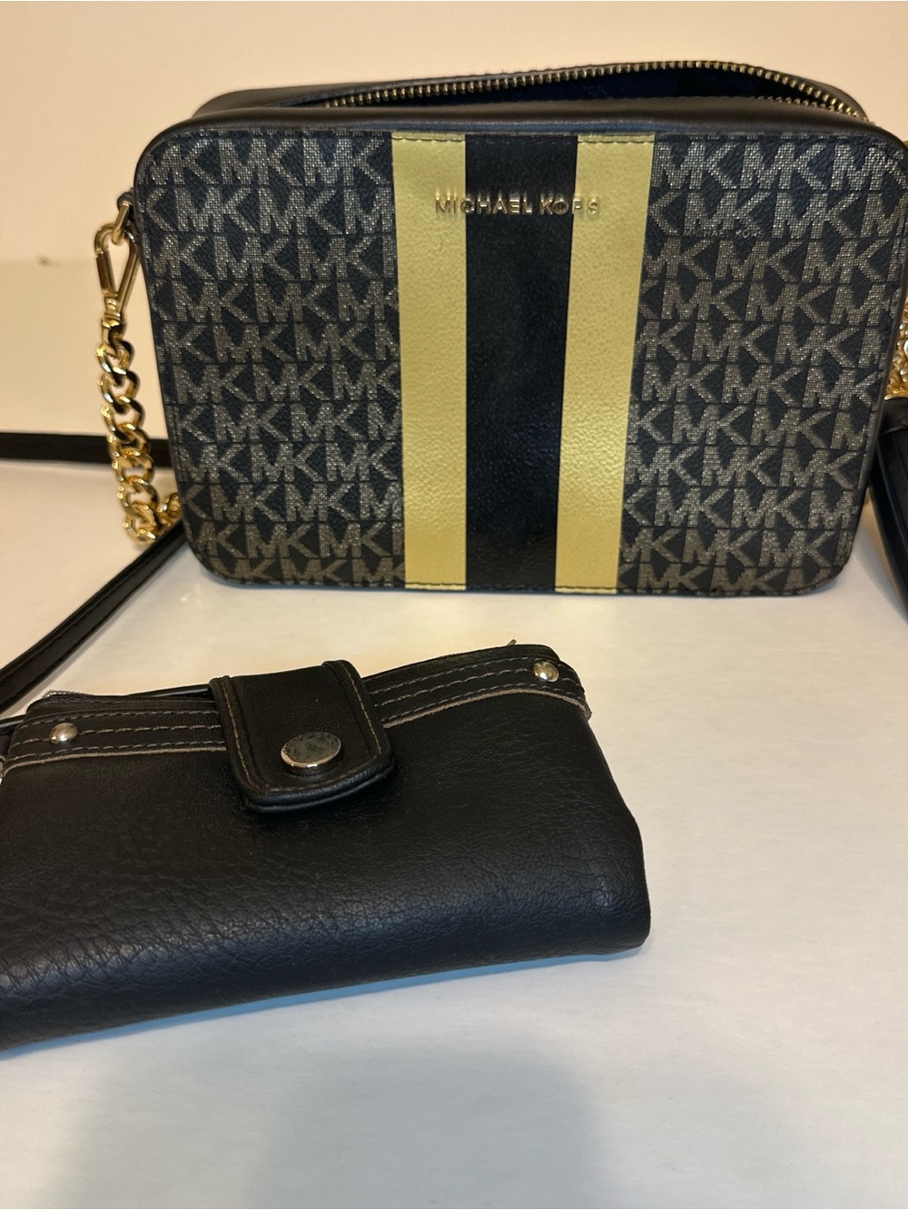 Michael Kors Small Black and Gold Crossbody Bag with Matching Wallet